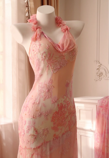Süßes rosafarbenes Meerjungfrauen-Neckholder-Abendkleid aus Chiffon mit Perlen P4329