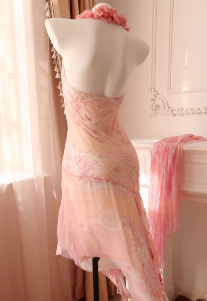 Süßes rosafarbenes Meerjungfrauen-Neckholder-Abendkleid aus Chiffon mit Perlen P4329
