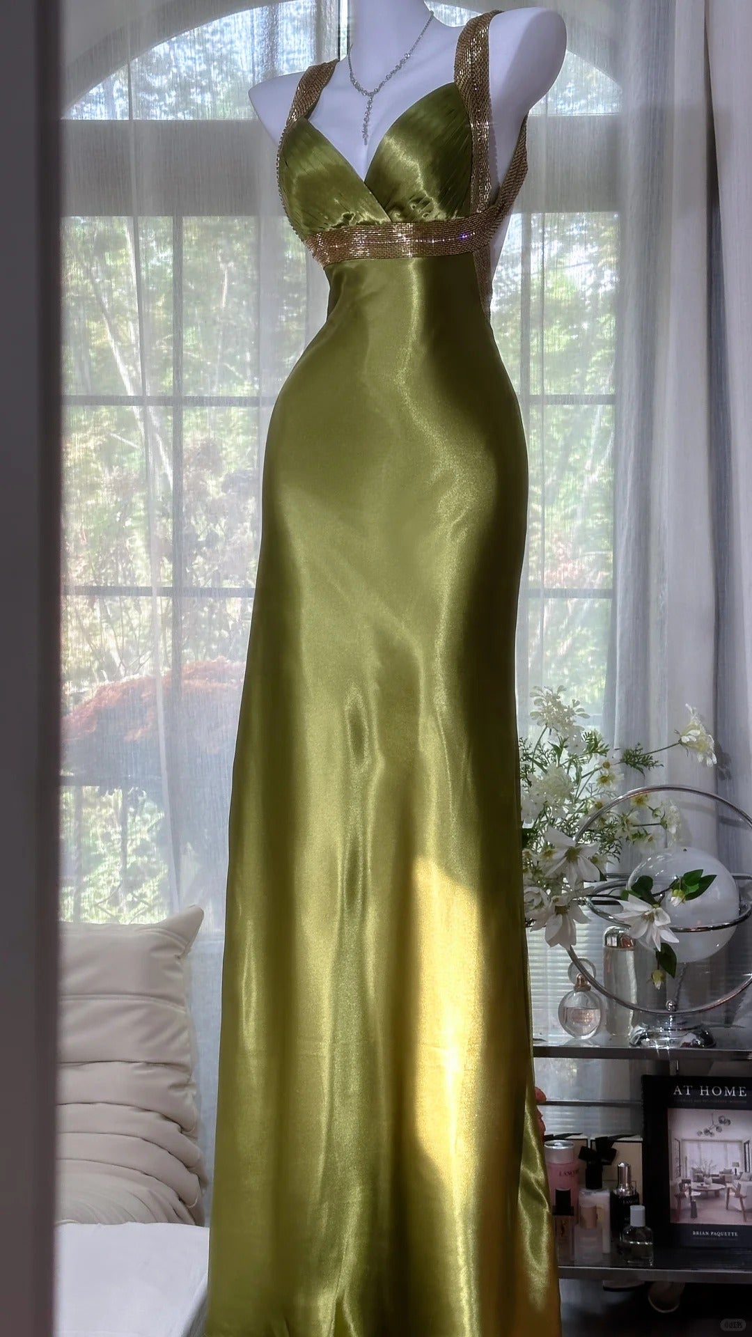Elegant Olive-green Mermaid V-neck Backless Satin Long Prom Dress Even PreppyDress Elegant Olive-green Mermaid V-neck Backless Satin Long Prom Dress Even PreppyDress