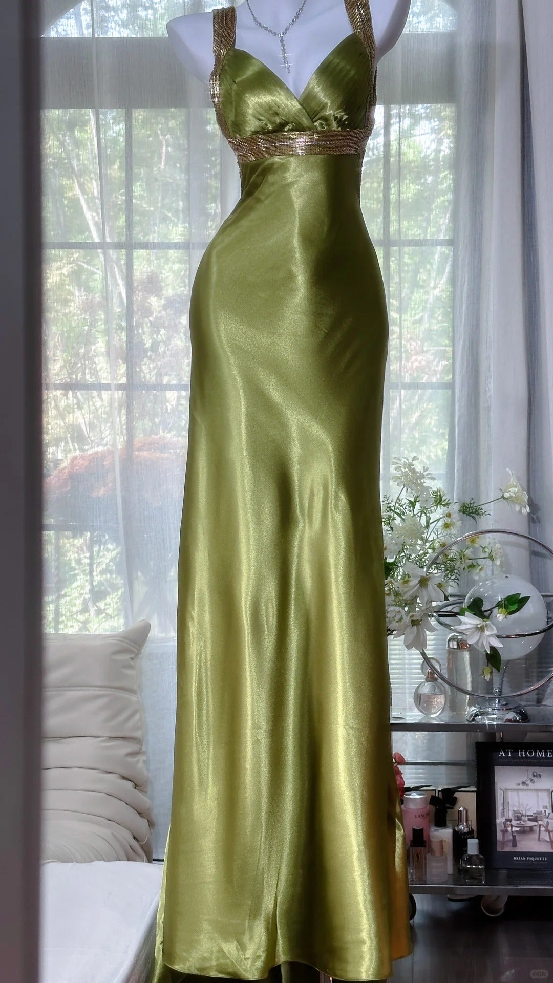 Elegant Olive-green Mermaid V-neck Backless Satin Long Prom Dress Even PreppyDress Elegant Olive-green Mermaid V-neck Backless Satin Long Prom Dress Even PreppyDress