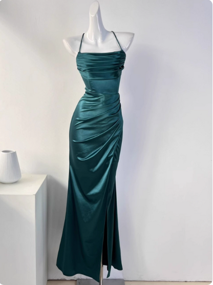Simple Robe de bal longue en satin plissée à encolure croisée et fente, style sirène vert - Robe de soirée, Robe de demoiselle d'honneur P4331