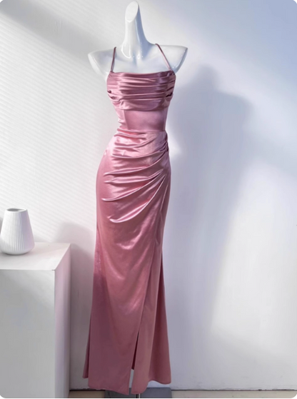 Simple Robe de bal longue en satin plissée à encolure croisée et fente, style sirène vert - Robe de soirée, Robe de demoiselle d'honneur P4331