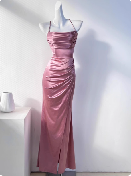 Simple Robe de bal longue en satin plissée à encolure croisée et fente, style sirène vert - Robe de soirée, Robe de demoiselle d'honneur P4331