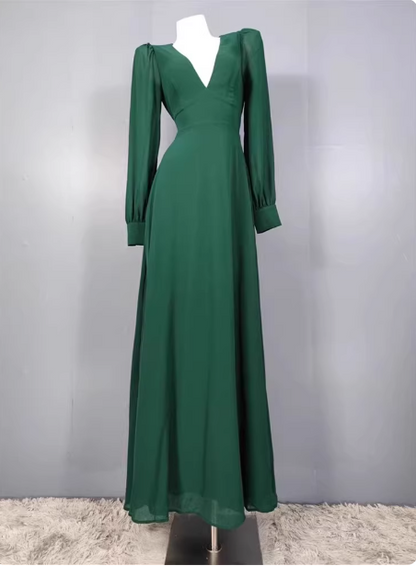 Elegantes, tiefgrünes A-Linien-Abendkleid aus Chiffon mit V-Ausschnitt, langen Ärmeln und rückenfreiem Design, P4332