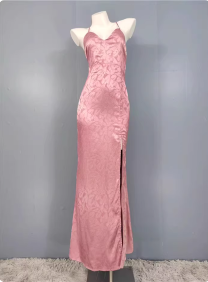 Süßes rosa Meerjungfrau-Abendkleid mit überkreuzten Bändern, Stickereien, Satin und Schlitz P4333