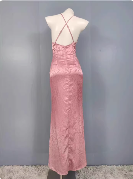 Süßes rosa Meerjungfrau-Abendkleid mit überkreuzten Bändern, Stickereien, Satin und Schlitz P4333