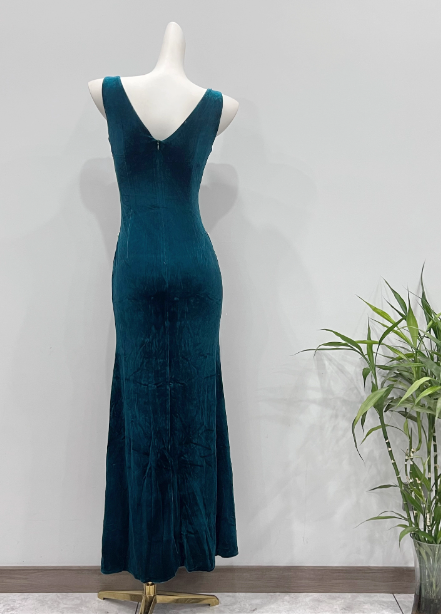Vintage Meerjungfrauen-Abendkleid aus Samt in tiefem Pfauenblau mit V-Ausschnitt, Perlen und Schlitz P4338