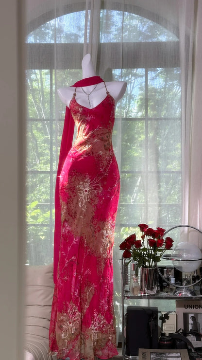 Vintage Rosenrosa florales Meerjungfrauen-Abendkleid aus Chiffon mit Rückenausschnitt P4034