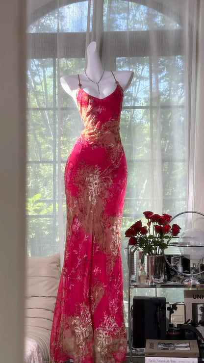 Vintage Rosenrosa florales Meerjungfrauen-Abendkleid aus Chiffon mit Rückenausschnitt P4034