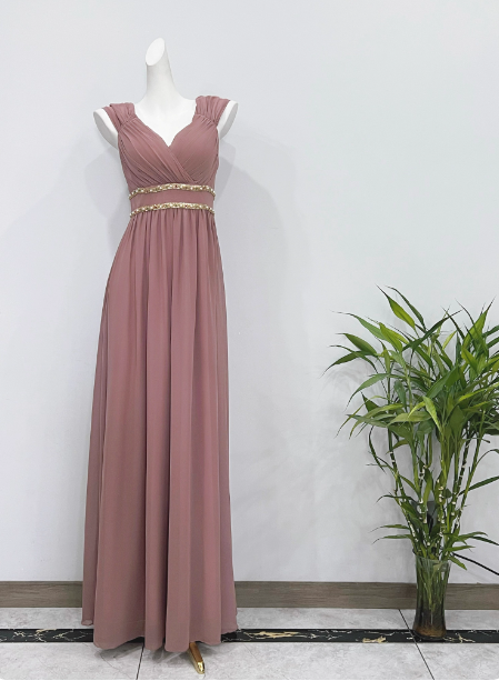 Elegantes staubrosa A-Linien-Spaghettiträger-V-Ausschnitt Chiffon langes Ballkleid Abendkleid P4340