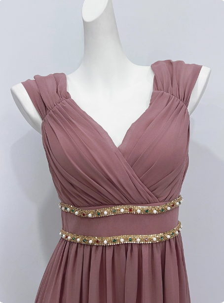 Elegantes staubrosa A-Linien-Spaghettiträger-V-Ausschnitt Chiffon langes Ballkleid Abendkleid P4340