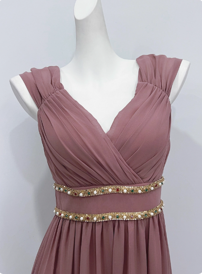 Elegantes staubrosa A-Linien-Spaghettiträger-V-Ausschnitt Chiffon langes Ballkleid Abendkleid P4340