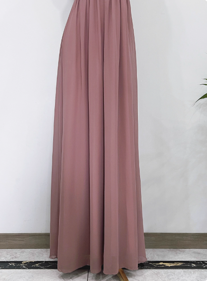 Elegantes staubrosa A-Linien-Spaghettiträger-V-Ausschnitt Chiffon langes Ballkleid Abendkleid P4340