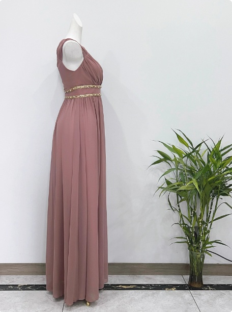 Elegantes staubrosa A-Linien-Spaghettiträger-V-Ausschnitt Chiffon langes Ballkleid Abendkleid P4340