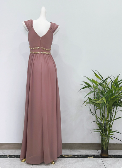 Elegantes staubrosa A-Linien-Spaghettiträger-V-Ausschnitt Chiffon langes Ballkleid Abendkleid P4340