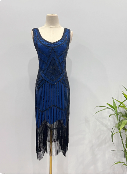 Vintage königsblaues / smaragdgrünes, figurbetontes Spaghetti-Träger-Fransen-Pailletten-Midi-Ballkleid Abendkleid P4341