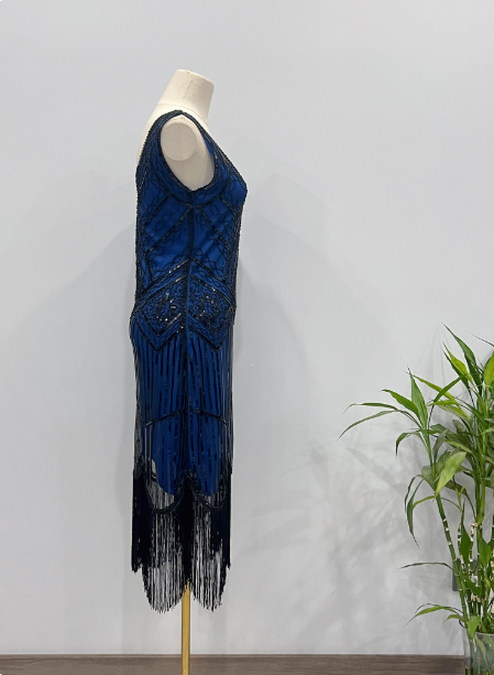 Vintage königsblaues / smaragdgrünes, figurbetontes Spaghetti-Träger-Fransen-Pailletten-Midi-Ballkleid Abendkleid P4341