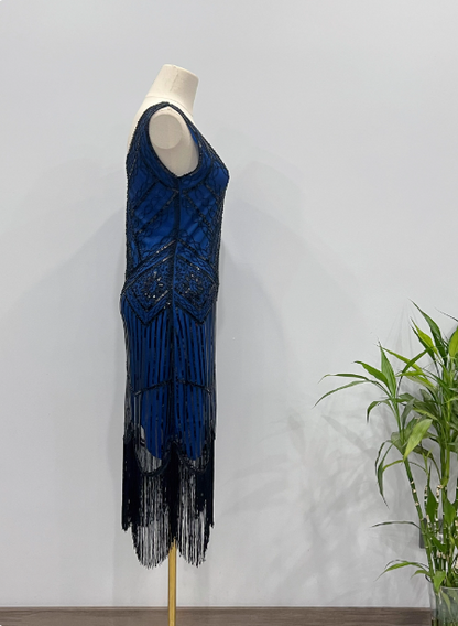 Vintage königsblaues / smaragdgrünes, figurbetontes Spaghetti-Träger-Fransen-Pailletten-Midi-Ballkleid Abendkleid P4341
