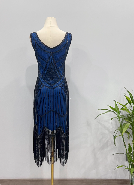 Vintage königsblaues / smaragdgrünes, figurbetontes Spaghetti-Träger-Fransen-Pailletten-Midi-Ballkleid Abendkleid P4341