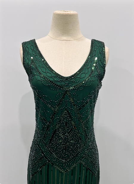 Vintage königsblaues / smaragdgrünes, figurbetontes Spaghetti-Träger-Fransen-Pailletten-Midi-Ballkleid Abendkleid P4341