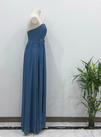 Élégante Robe de Bal de Demoiselle d'honneur en Mousseline Bleu Poussière à Une Épaule P4342