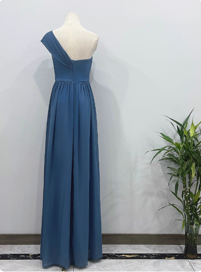 Élégante Robe de Bal de Demoiselle d'honneur en Mousseline Bleu Poussière à Une Épaule P4342