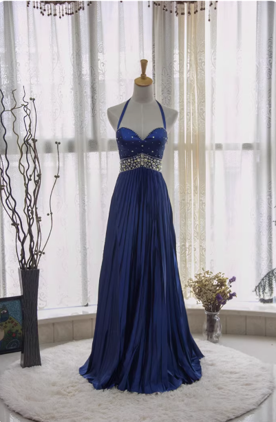 Vintage Royalblau A-Linien Neckholder Strass Satin Langes Ballkleid Abendkleid P4343