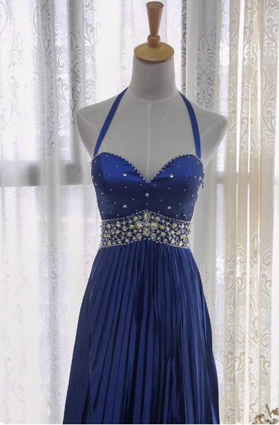 Vintage Royal Blue A-Line Halter Neck Rhinestone Satin Long Prom Dress PreppyDress Vintage Royal Blue A-Line Halter Neck Rhinestone Satin Long Prom Dress PreppyDress