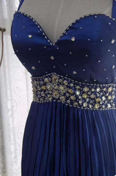 Vintage Royalblau A-Linien Neckholder Strass Satin Langes Ballkleid Abendkleid P4343