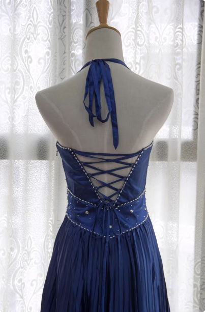 Vintage Royal Blue A-Line Halter Neck Rhinestone Satin Long Prom Dress PreppyDress Vintage Royal Blue A-Line Halter Neck Rhinestone Satin Long Prom Dress PreppyDress