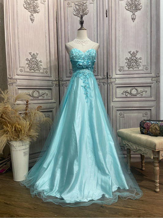 Robe de bal longue en tulle de satin brodée florale 3D sans bretelles ligne A bleu menthe glacier vintage P4344