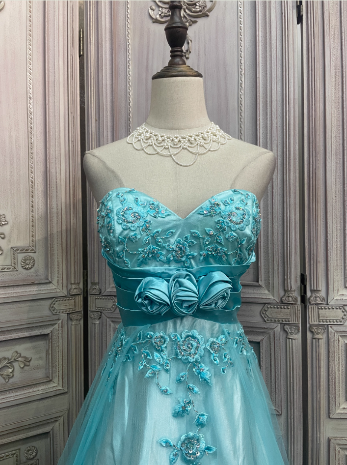 Vintage Minze Eisblau A-Linie Trägerloses 3D Blumenstickerei Satin Tüll Langes Ballkleid Abendkleid P4344