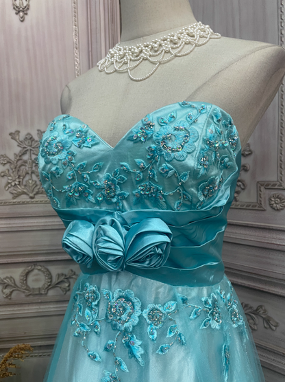 Vintage Minze Eisblau A-Linie Trägerloses 3D Blumenstickerei Satin Tüll Langes Ballkleid Abendkleid P4344