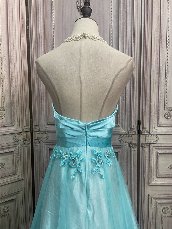 Vintage Minze Eisblau A-Linie Trägerloses 3D Blumenstickerei Satin Tüll Langes Ballkleid Abendkleid P4344