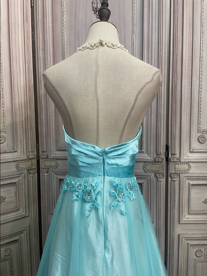 Vintage Minze Eisblau A-Linie Trägerloses 3D Blumenstickerei Satin Tüll Langes Ballkleid Abendkleid P4344