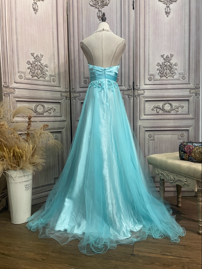 Vintage Minze Eisblau A-Linie Trägerloses 3D Blumenstickerei Satin Tüll Langes Ballkleid Abendkleid P4344