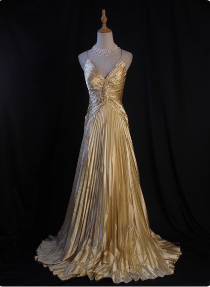 Luxuriöses elegantes gelbes A-Linien-Abendkleid mit V-Ausschnitt, Spaghettiträgern, Knoten, gerafftem Satin, langes Ballkleid P4345