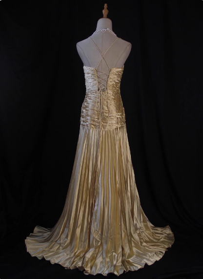 Luxuriöses elegantes gelbes A-Linien-Abendkleid mit V-Ausschnitt, Spaghettiträgern, Knoten, gerafftem Satin, langes Ballkleid P4345