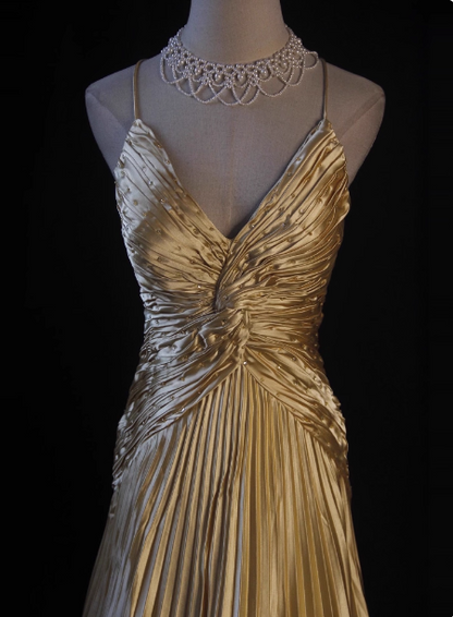 Luxuriöses elegantes gelbes A-Linien-Abendkleid mit V-Ausschnitt, Spaghettiträgern, Knoten, gerafftem Satin, langes Ballkleid P4345