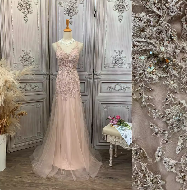 Elegantes rosa Meerjungfrau V-Ausschnitt Spitzenstickerei Tüll langes Ballkleid Abendkleid P4346
