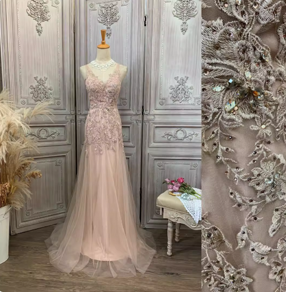 Elegantes rosa Meerjungfrau V-Ausschnitt Spitzenstickerei Tüll langes Ballkleid Abendkleid P4346