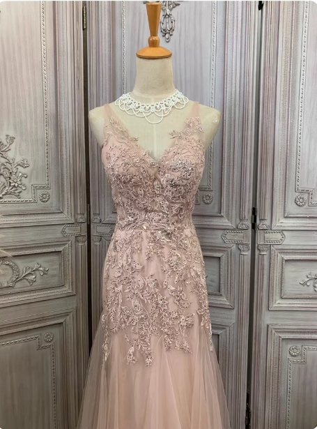 Elegantes rosa Meerjungfrau V-Ausschnitt Spitzenstickerei Tüll langes Ballkleid Abendkleid P4346