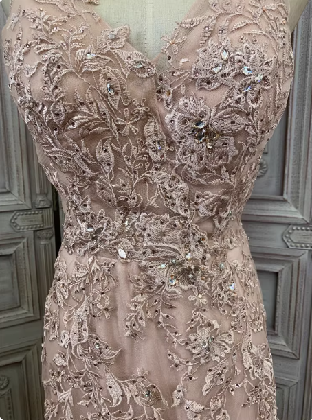 Elegantes rosa Meerjungfrau V-Ausschnitt Spitzenstickerei Tüll langes Ballkleid Abendkleid P4346
