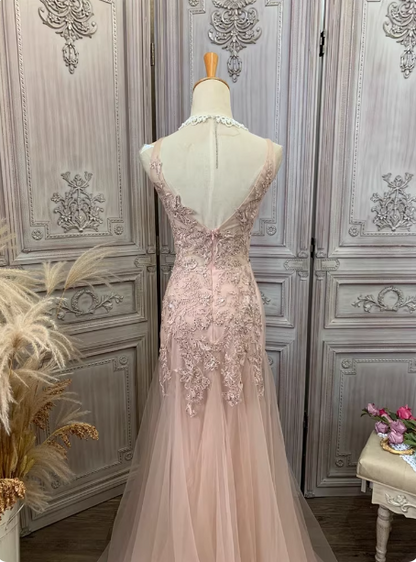 Elegantes rosa Meerjungfrau V-Ausschnitt Spitzenstickerei Tüll langes Ballkleid Abendkleid P4346