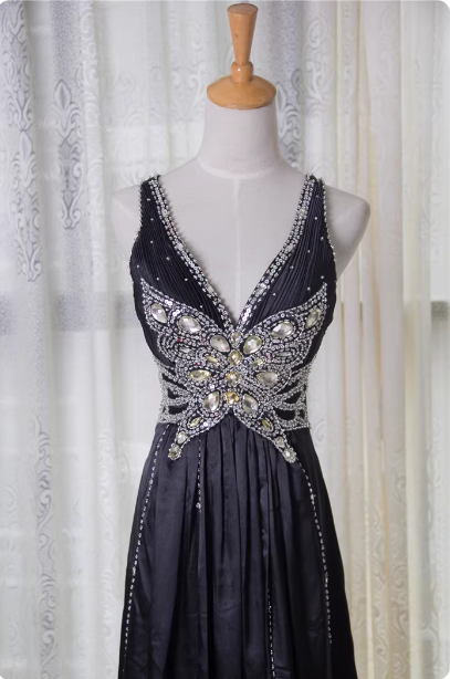 Vintage Black A-Line V-Neck Open Back Butterfly Rhinestone Beaded Satin Long Prom Dress Evening Dress P4348