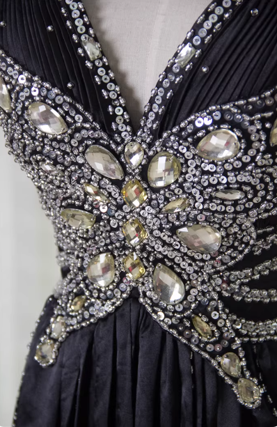 Vintage Black A-Line V-Neck Open Back Butterfly Rhinestone Beaded Satin Long Prom Dress Evening Dress P4348