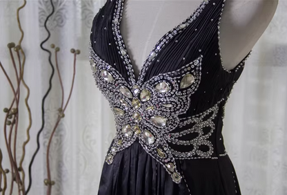 Vintage Black A-Line V-Neck Open Back Butterfly Rhinestone Beaded Satin Long Prom Dress Evening Dress P4348