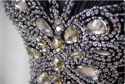 Vintage Black A-Line V-Neck Open Back Butterfly Rhinestone Beaded Satin Long Prom Dress Evening Dress P4348