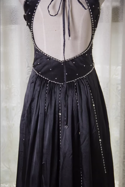 Vintage Black A-Line V-Neck Open Back Butterfly Rhinestone Beaded Satin Long Prom Dress Evening Dress P4348