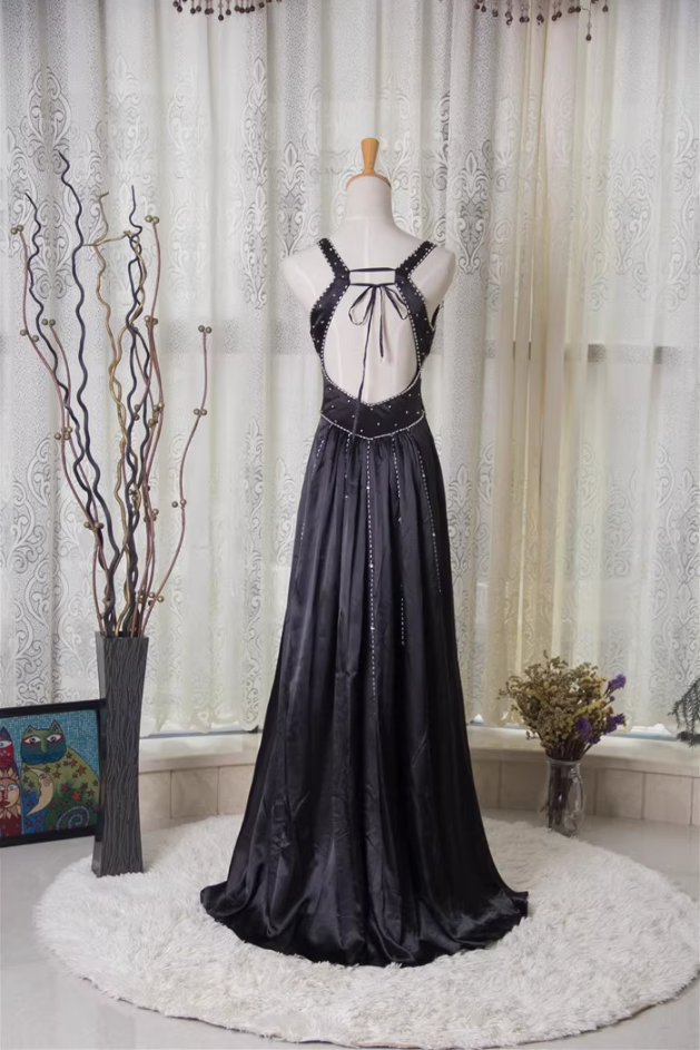 Vintage Black A-Line V-Neck Open Back Butterfly Rhinestone Beaded Satin Long Prom Dress Evening Dress P4348